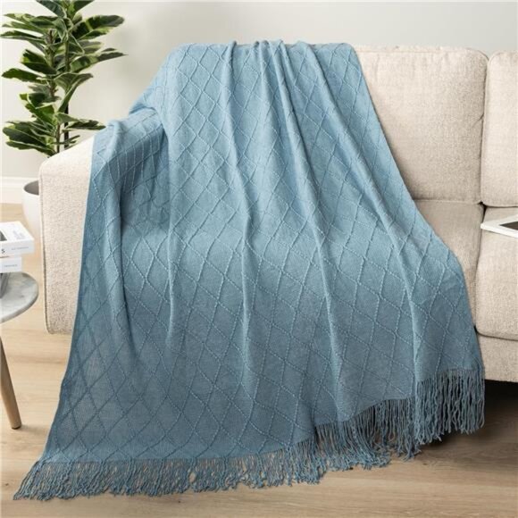 Dusty Blue Knit Throw Blanket for Couch Bed, Soft Knitted Farmhouse - Picture 2 of 8